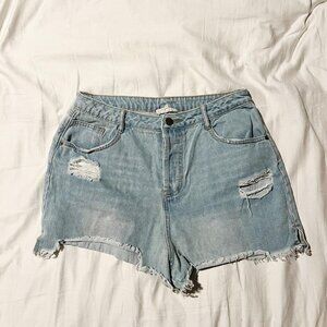High waisted blue and navy distressed shorts
